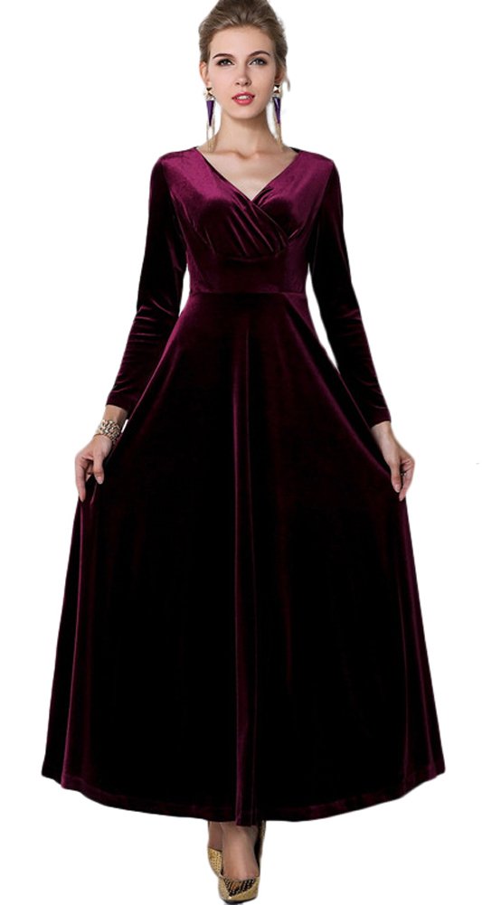 Urban CoCo Women Long Sleeve V-Neck Velvet Stretchy Long Dress