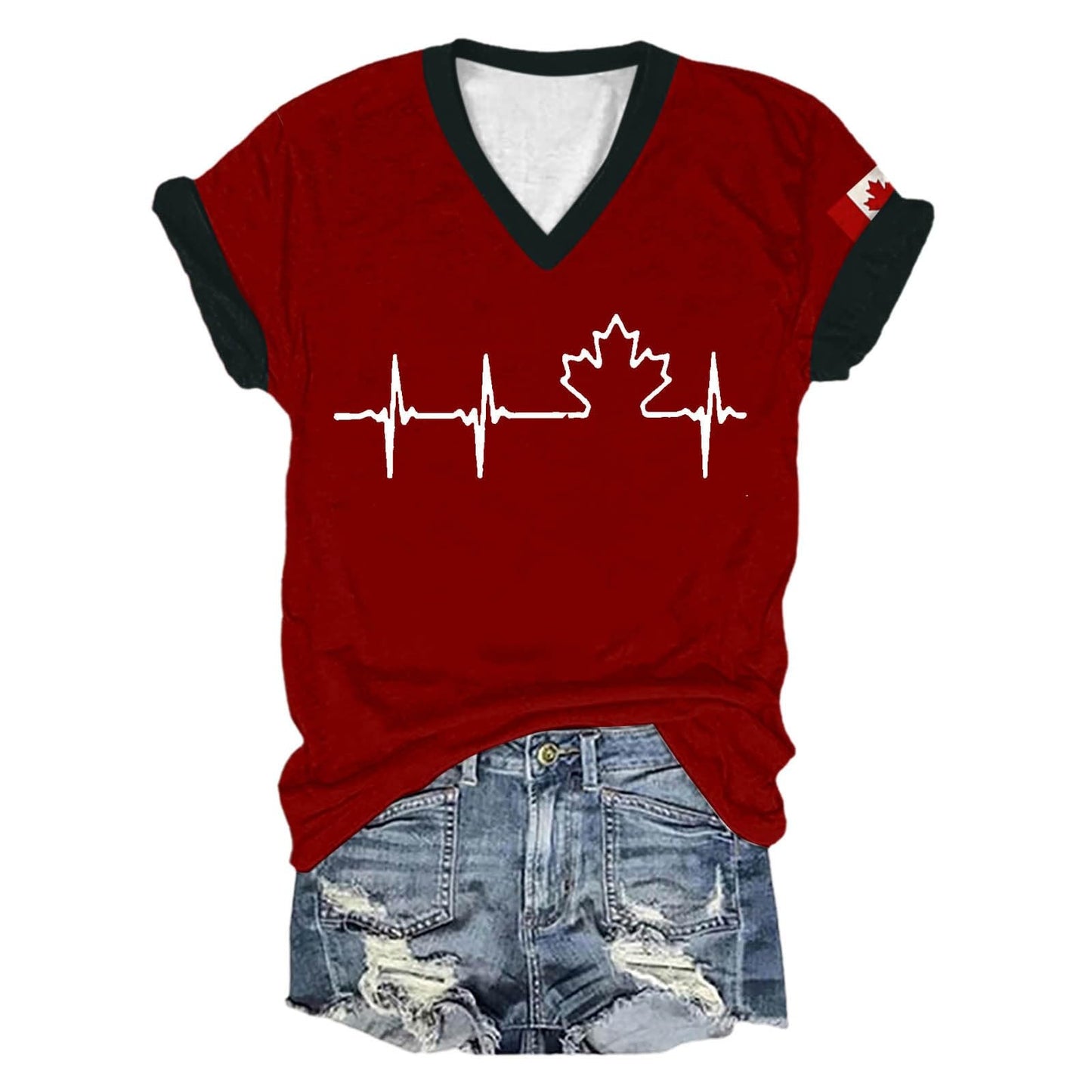 Womens Canada Day Shirts V Neck Short Sleeve Maple Leaf Flag Patriotic Tops Summer Casual Loose 1st July Canadian T-Shirts