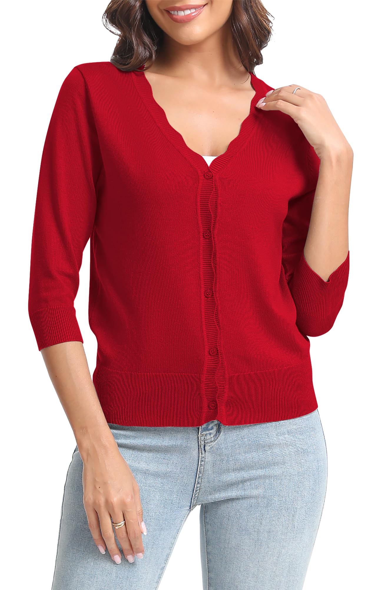 Urban CoCo Woman's 3/4 Sleeve Solid V-Neck Cardigan Sweater for Dress Lightweight Knit Shrugs