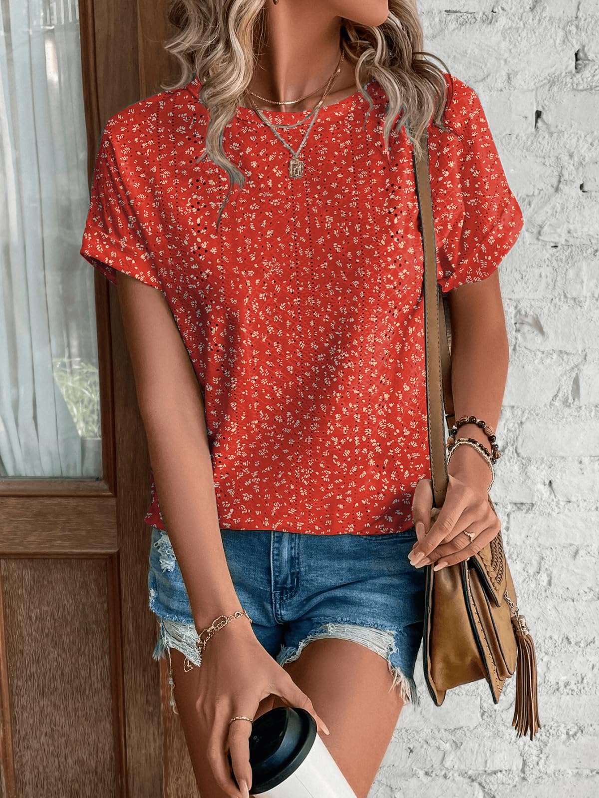 Womens Tops Eyelet Embroidery Summer Spring Crewneck Curved Hem 2025 Casual Cap Short Sleeve Tunic Trendy T Shirts