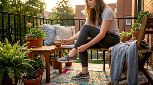 Woman adjusting tapered joggers at home