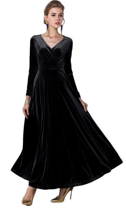 Urban CoCo Women Long Sleeve V-Neck Velvet Stretchy Long Dress