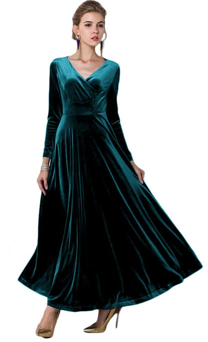 Urban CoCo Women Long Sleeve V-Neck Velvet Stretchy Long Dress