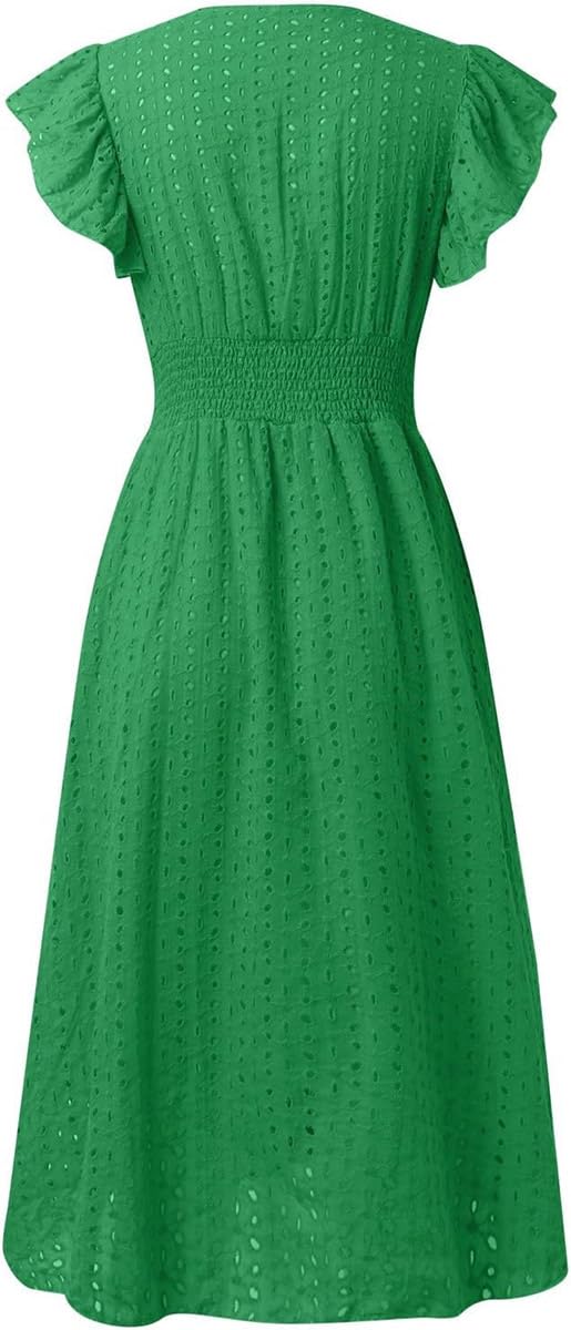 Women's V Neck Sleeveless Hollow Out Lace Ruffle Dress Summer Casual Beach Midi Vacation Dress