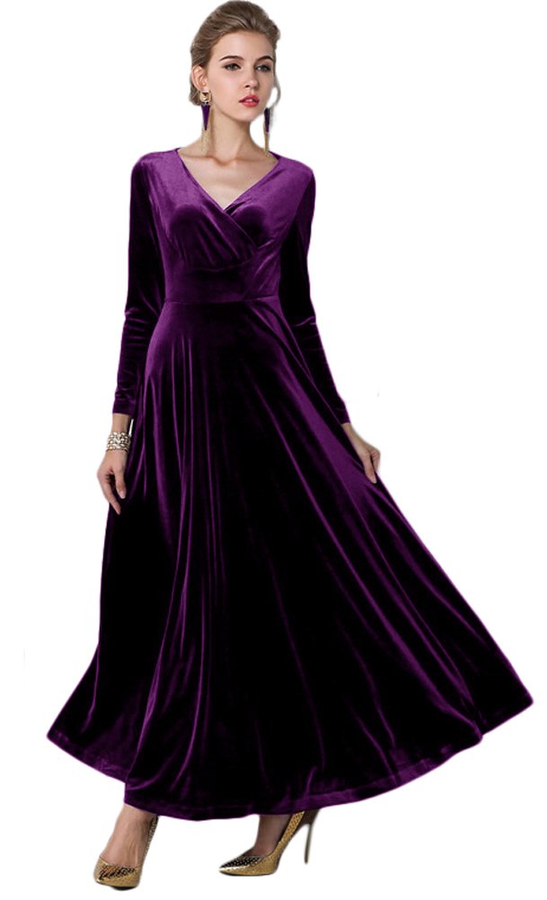 Urban CoCo Women Long Sleeve V-Neck Velvet Stretchy Long Dress