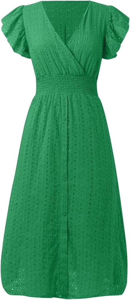 Women's V Neck Sleeveless Hollow Out Lace Ruffle Dress Summer Casual Beach Midi Vacation Dress