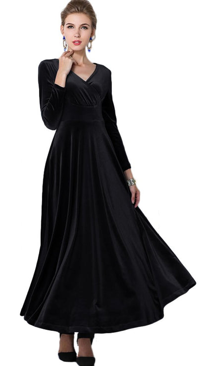 Urban CoCo Women Long Sleeve V-Neck Velvet Stretchy Long Dress