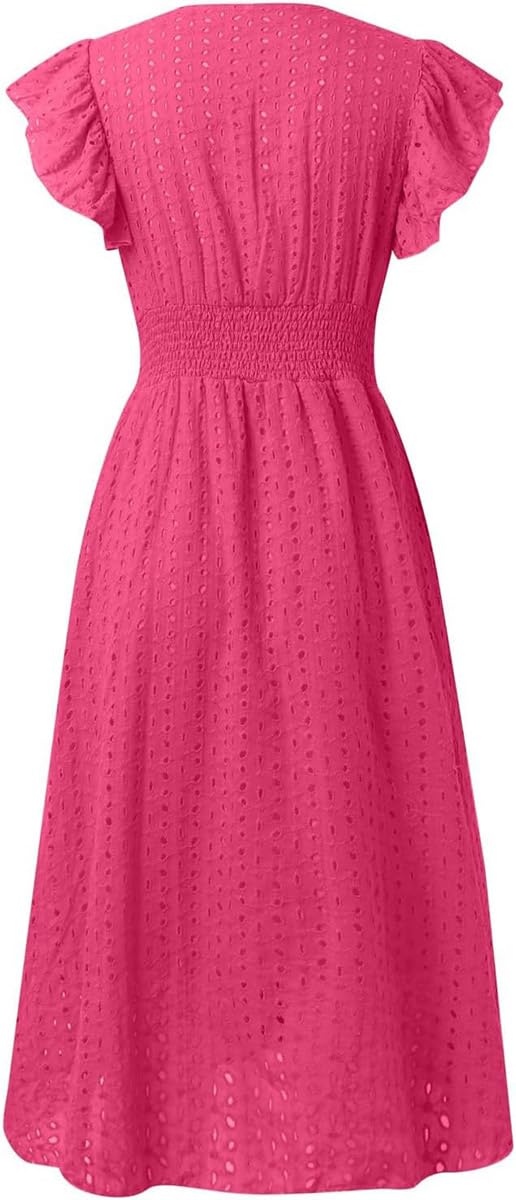 Women's V Neck Sleeveless Hollow Out Lace Ruffle Dress Summer Casual Beach Midi Vacation Dress