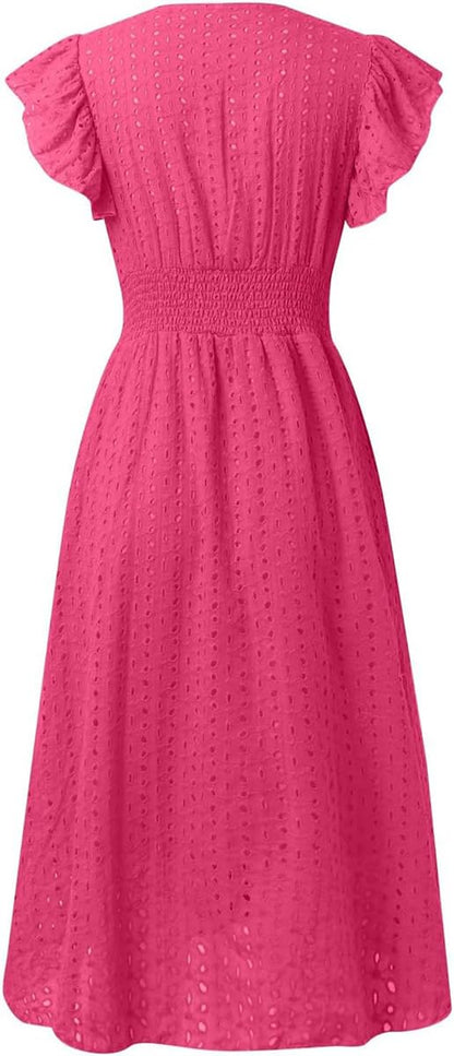 Women's V Neck Sleeveless Hollow Out Lace Ruffle Dress Summer Casual Beach Midi Vacation Dress