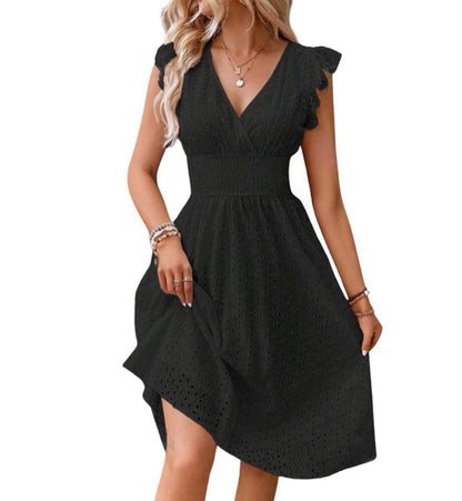 Women's Summer Sexy Eyelet Lace Embroidery Smocked Dress Flutter Sleeve A-Line Midi Long Beach Sundress