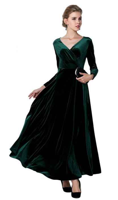 Urban CoCo Women Long Sleeve V-Neck Velvet Stretchy Long Dress