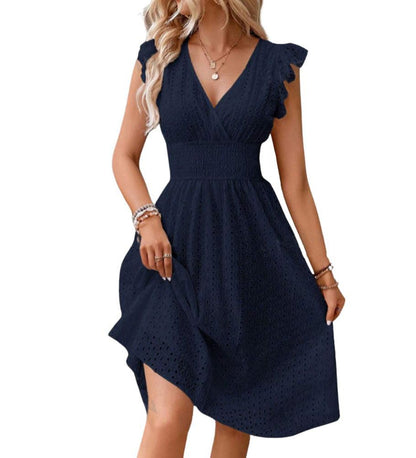 Women's Summer Sexy Eyelet Lace Embroidery Smocked Dress Flutter Sleeve A-Line Midi Long Beach Sundress