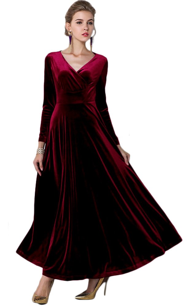 Urban CoCo Women Long Sleeve V-Neck Velvet Stretchy Long Dress