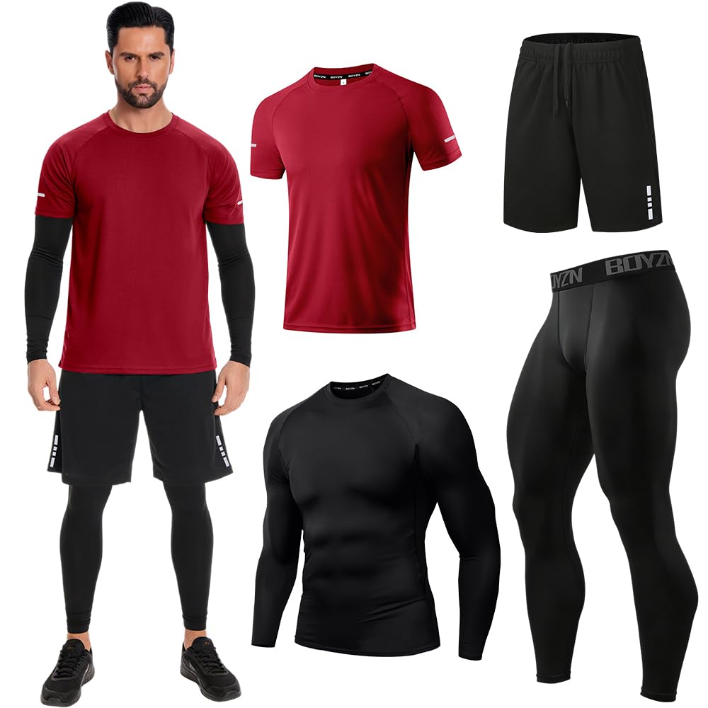 Men's Sports Running Set (Pack of 4 or 5) Athletic Shirt+Short/Compression Shirt+Pants with Coat Tracksuit Gym Suits