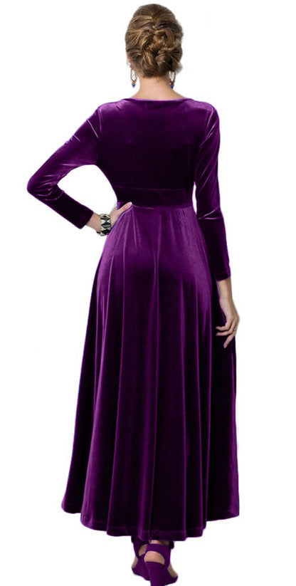 Urban CoCo Women Long Sleeve V-Neck Velvet Stretchy Long Dress