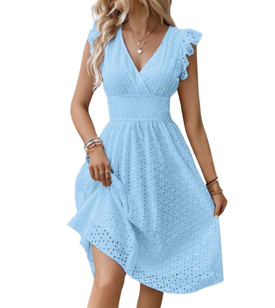 Women's Summer Sexy Eyelet Lace Embroidery Smocked Dress Flutter Sleeve A-Line Midi Long Beach Sundress