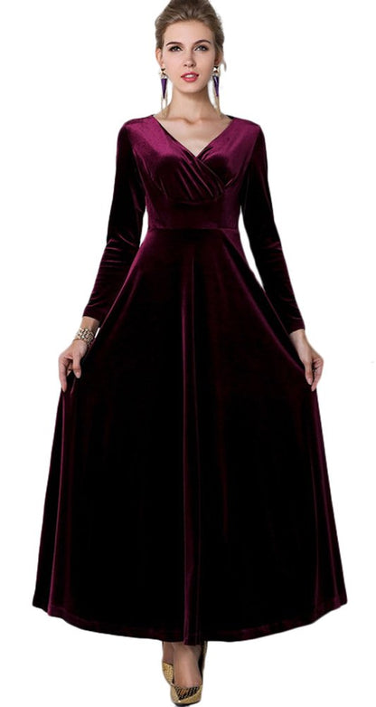 Urban CoCo Women Long Sleeve V-Neck Velvet Stretchy Long Dress