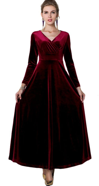 Urban CoCo Women Long Sleeve V-Neck Velvet Stretchy Long Dress