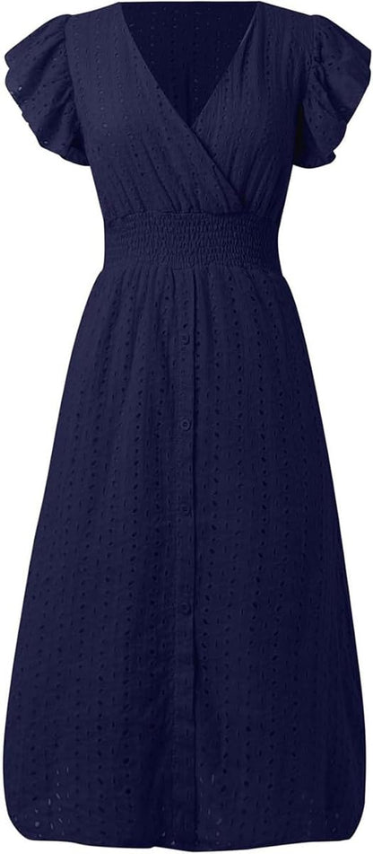 Women's V Neck Sleeveless Hollow Out Lace Ruffle Dress Summer Casual Beach Midi Vacation Dress