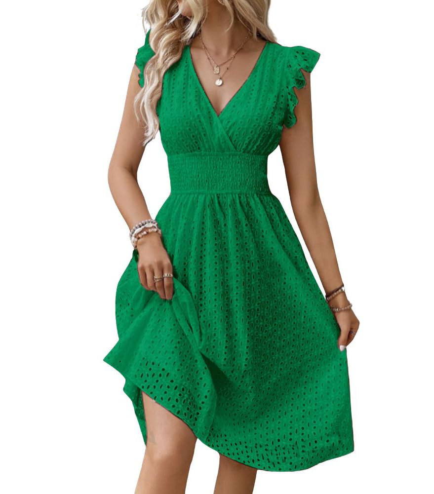 Women's Summer Sexy Eyelet Lace Embroidery Smocked Dress Flutter Sleeve A-Line Midi Long Beach Sundress