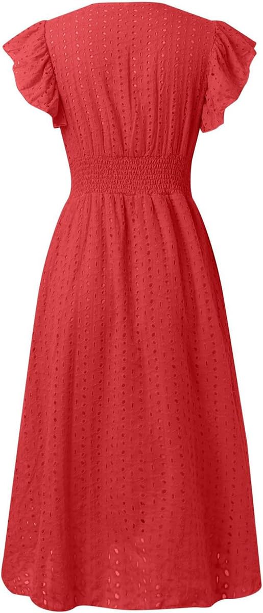 Women's V Neck Sleeveless Hollow Out Lace Ruffle Dress Summer Casual Beach Midi Vacation Dress