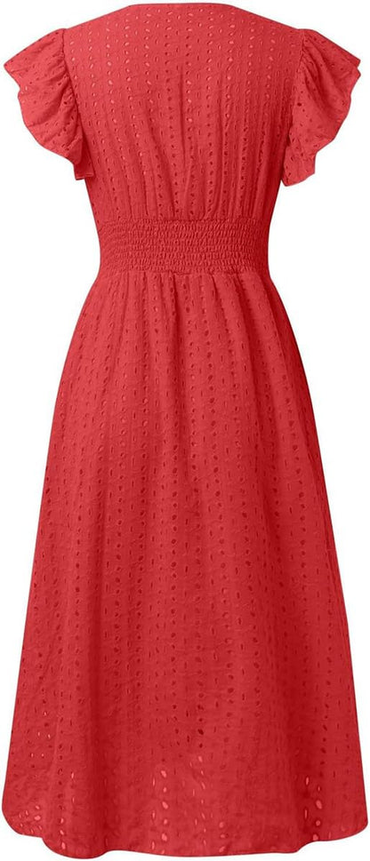 Women's V Neck Sleeveless Hollow Out Lace Ruffle Dress Summer Casual Beach Midi Vacation Dress