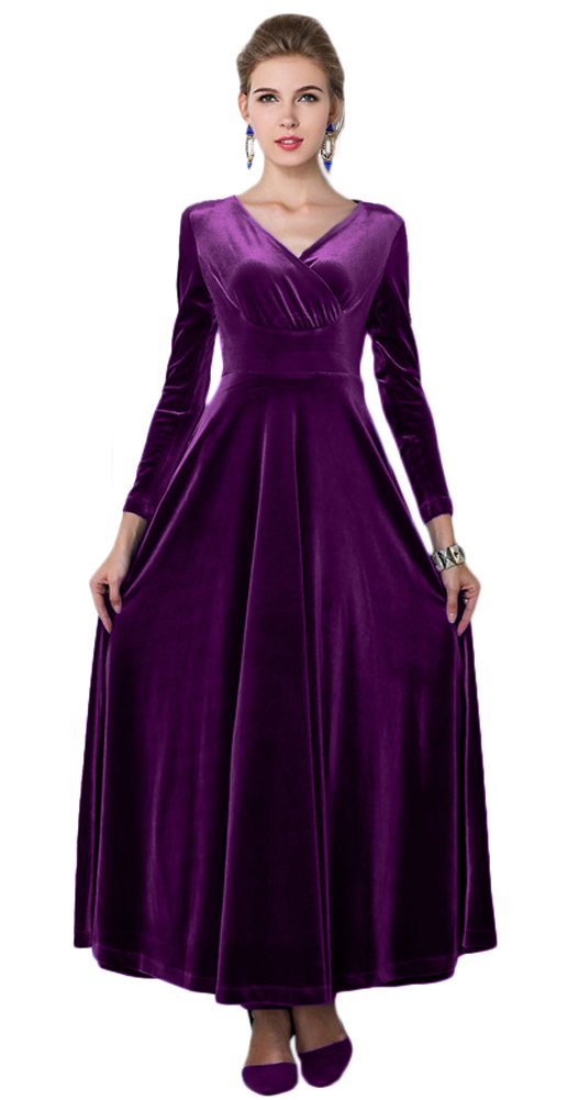 Urban CoCo Women Long Sleeve V-Neck Velvet Stretchy Long Dress
