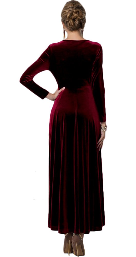 Urban CoCo Women Long Sleeve V-Neck Velvet Stretchy Long Dress