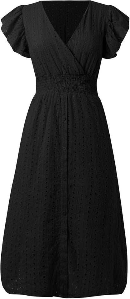 Women's V Neck Sleeveless Hollow Out Lace Ruffle Dress Summer Casual Beach Midi Vacation Dress