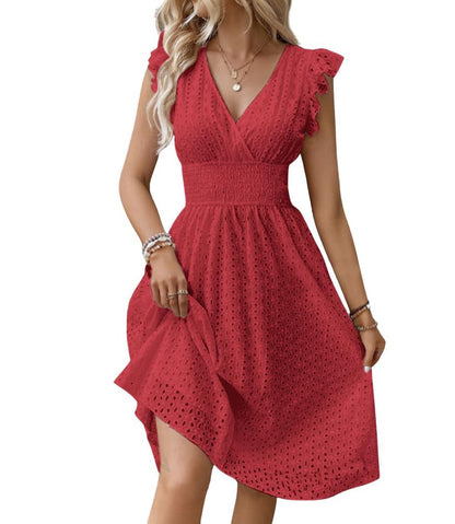 Women's Summer Sexy Eyelet Lace Embroidery Smocked Dress Flutter Sleeve A-Line Midi Long Beach Sundress