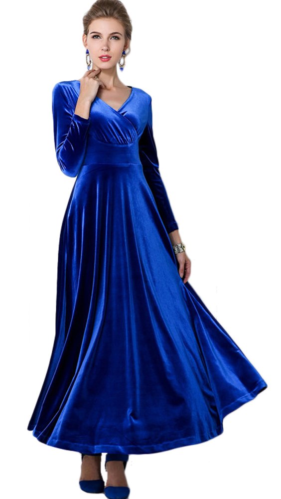 Urban CoCo Women Long Sleeve V-Neck Velvet Stretchy Long Dress