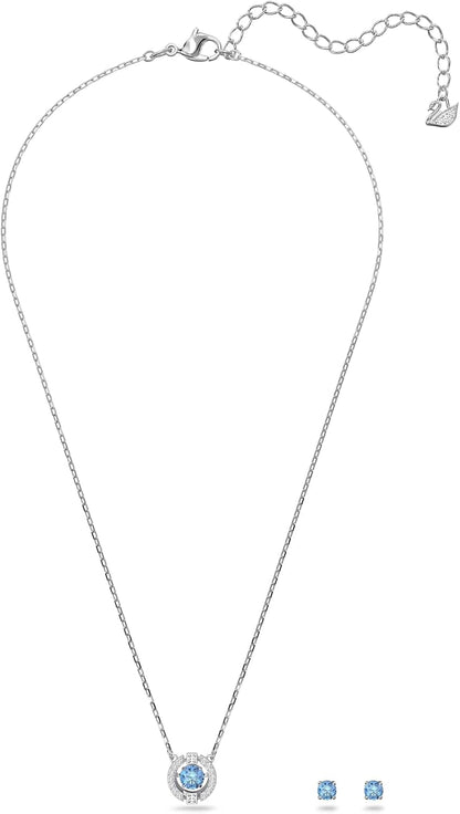 Swarovski Sparkling Dance Round Pendant Necklace and Stud Pierced Earrings Set with Blue Crystals on a Rhodium Plated Setting