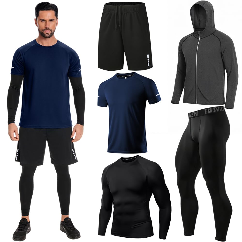 Men's Sports Running Set (Pack of 4 or 5) Athletic Shirt+Short/Compression Shirt+Pants with Coat Tracksuit Gym Suits