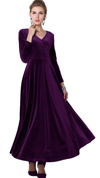 Urban CoCo Women Long Sleeve V-Neck Velvet Stretchy Long Dress