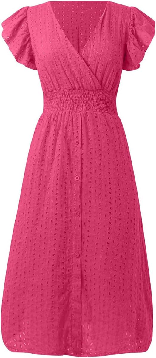 Women's V Neck Sleeveless Hollow Out Lace Ruffle Dress Summer Casual Beach Midi Vacation Dress