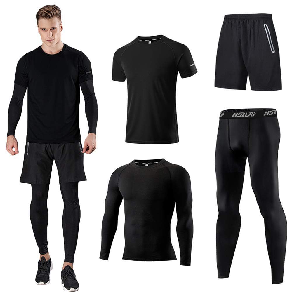Men's Sports Running Set (Pack of 4 or 5) Athletic Shirt+Short/Compression Shirt+Pants with Coat Tracksuit Gym Suits