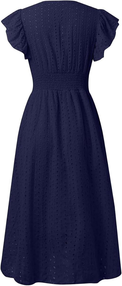 Women's V Neck Sleeveless Hollow Out Lace Ruffle Dress Summer Casual Beach Midi Vacation Dress