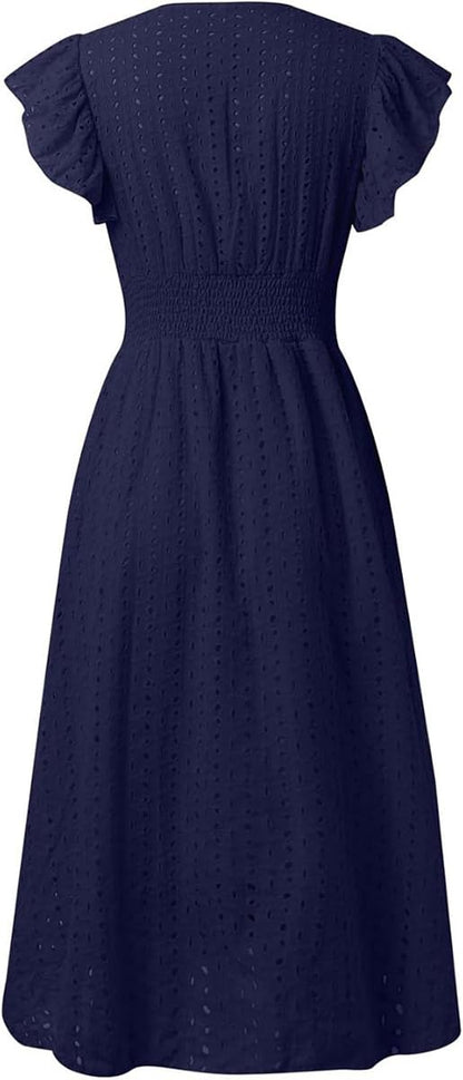 Women's V Neck Sleeveless Hollow Out Lace Ruffle Dress Summer Casual Beach Midi Vacation Dress