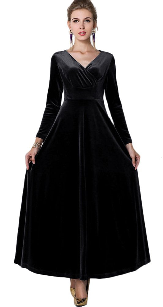 Urban CoCo Women Long Sleeve V-Neck Velvet Stretchy Long Dress