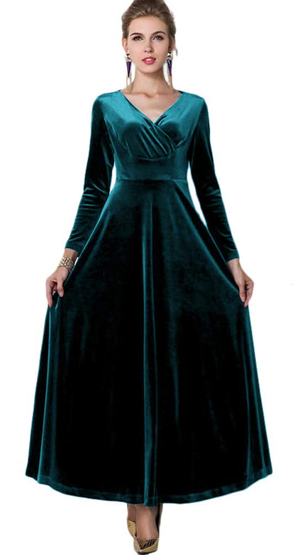 Urban CoCo Women Long Sleeve V-Neck Velvet Stretchy Long Dress
