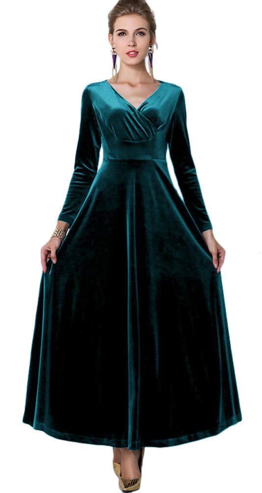 Urban CoCo Women Long Sleeve V-Neck Velvet Stretchy Long Dress