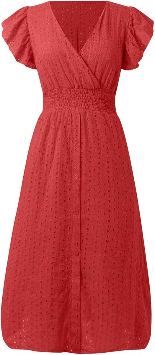 Women's V Neck Sleeveless Hollow Out Lace Ruffle Dress Summer Casual Beach Midi Vacation Dress