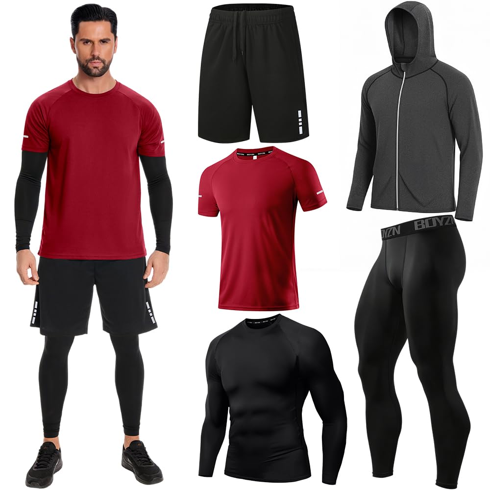 Men's Sports Running Set (Pack of 4 or 5) Athletic Shirt+Short/Compression Shirt+Pants with Coat Tracksuit Gym Suits