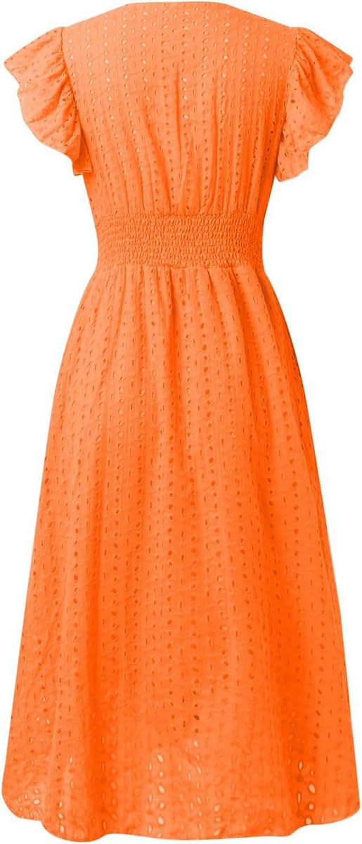 Women's V Neck Sleeveless Hollow Out Lace Ruffle Dress Summer Casual Beach Midi Vacation Dress