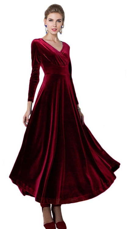 Urban CoCo Women Long Sleeve V-Neck Velvet Stretchy Long Dress