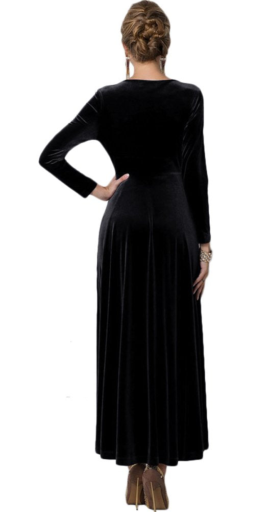 Urban CoCo Women Long Sleeve V-Neck Velvet Stretchy Long Dress