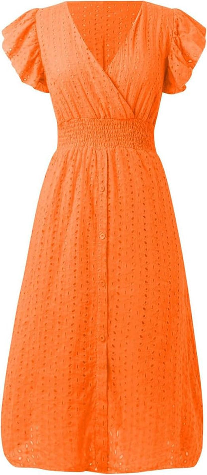 Women's V Neck Sleeveless Hollow Out Lace Ruffle Dress Summer Casual Beach Midi Vacation Dress