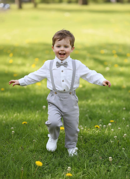 Volunboy Baby Boys Cotton Linen Formal Suspenders Outfits with Bowtie Toddler Long Sleeve Gentleman Wedding Dress Clothes