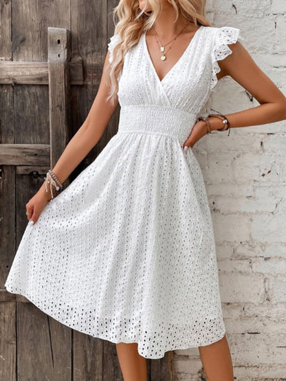 Women's Summer Sexy Eyelet Lace Embroidery Smocked Dress Flutter Sleeve A-Line Midi Long Beach Sundress