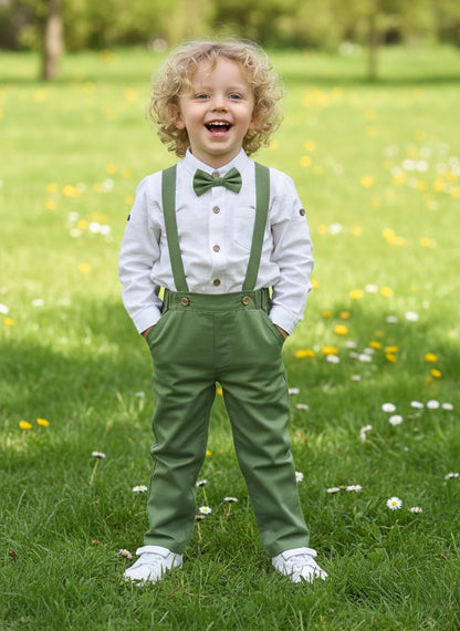 Volunboy Baby Boys Cotton Linen Formal Suspenders Outfits with Bowtie Toddler Long Sleeve Gentleman Wedding Dress Clothes